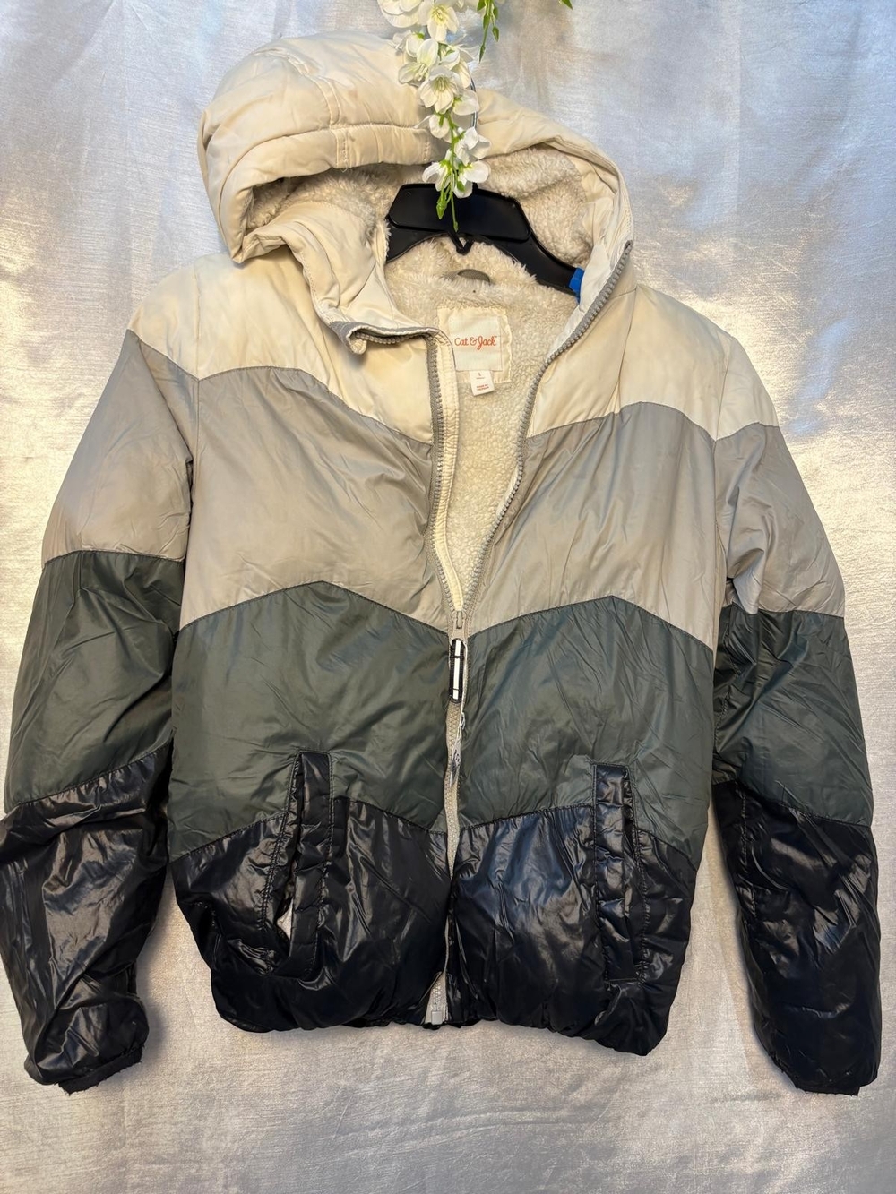 Carter's Kids Colorblock Hooded Puffer Jacket in Cream, Gray & Black